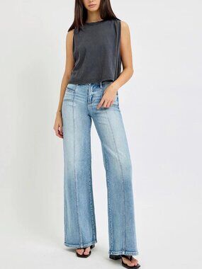 Risen Mid Rise Wide Leg Jeans
